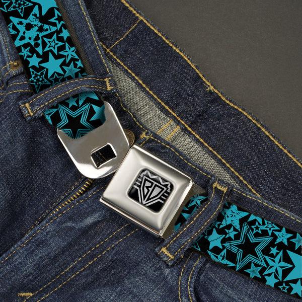 Buckle-Down BD Wings Logo CLOSE-UP Full Color Black Silver Seatbelt Belt - Stargazer Black/Blue Webbing