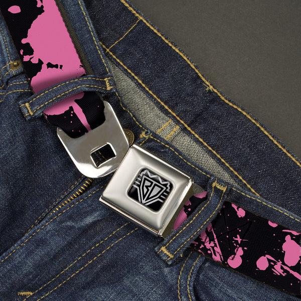 Buckle-Down BD Wings Logo CLOSE-UP Full Color Black Silver Seatbelt Belt - Splatter Black/Pink Webbing