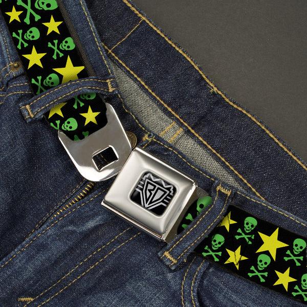 Buckle-Down BD Wings Logo CLOSE-UP Full Color Black Silver Seatbelt Belt - Skulls & Stars Black/Green/Yellow Webbing