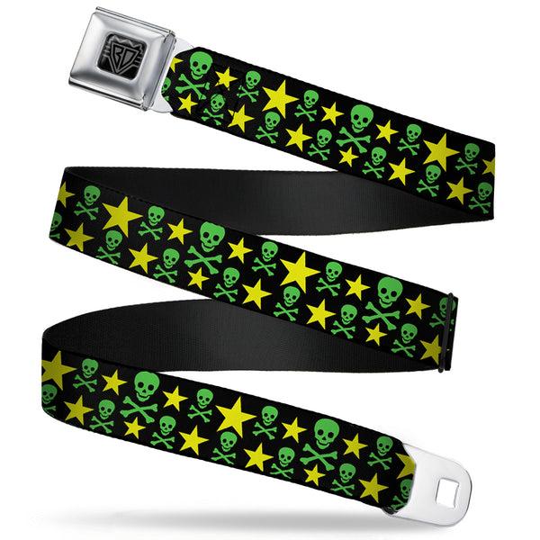 Buckle-Down BD Wings Logo CLOSE-UP Full Color Black Silver Seatbelt Belt - Skulls & Stars Black/Green/Yellow Webbing