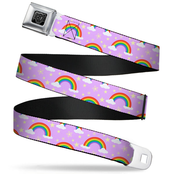 Buckle-Down BD Wings Logo CLOSE-UP Full Color Black Silver Seatbelt Belt - Rainbows & Stars Scattered Lavender Webbing