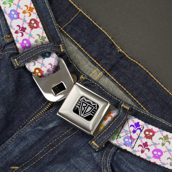 Buckle-Down BD Wings Logo CLOSE-UP Full Color Black Silver Seatbelt Belt - Skull & Fleur-de-Lis White/Multi Color Webbing