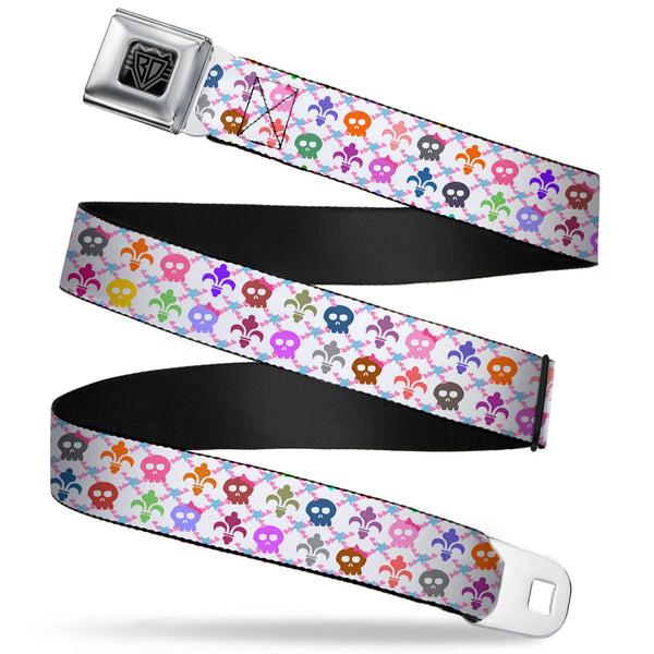 Buckle-Down BD Wings Logo CLOSE-UP Full Color Black Silver Seatbelt Belt - Skull & Fleur-de-Lis White/Multi Color Webbing