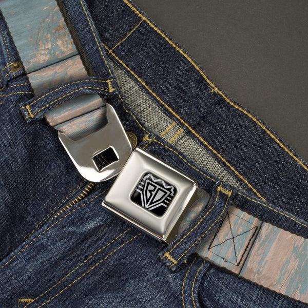 Buckle-Down BD Wings Logo CLOSE-UP Full Color Black Silver Seatbelt Belt - Rustic Reclaimed Wood Panels Webbing