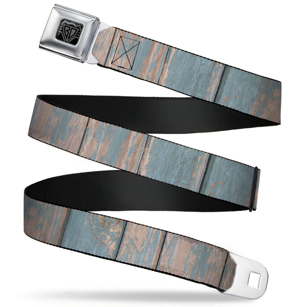 Buckle-Down BD Wings Logo CLOSE-UP Full Color Black Silver Seatbelt Belt - Rustic Reclaimed Wood Panels Webbing