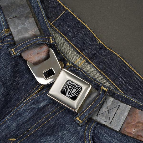 Buckle-Down BD Wings Logo CLOSE-UP Full Color Black Silver Seatbelt Belt - Rustic Rusted Panels Webbing