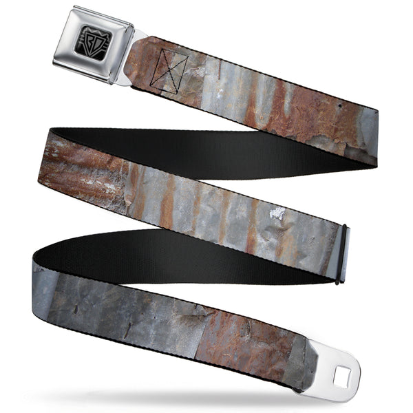 Buckle-Down BD Wings Logo CLOSE-UP Full Color Black Silver Seatbelt Belt - Rustic Rusted Panels Webbing