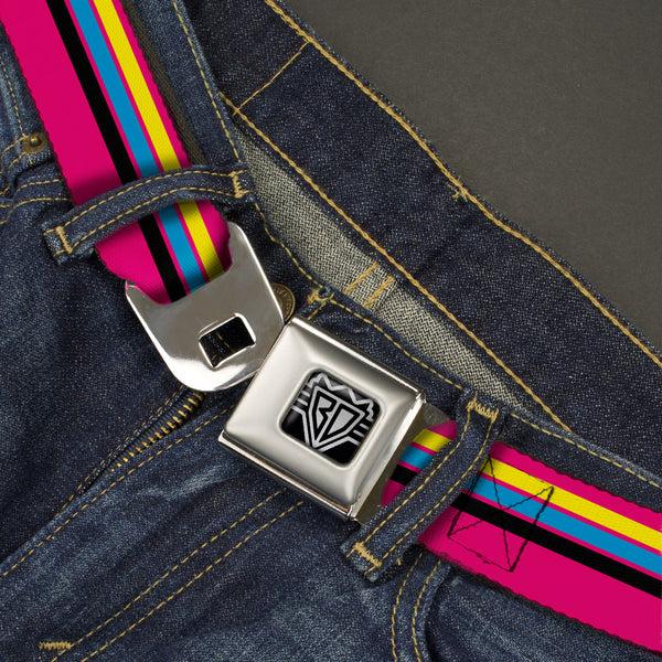 Buckle-Down BD Wings Logo CLOSE-UP Full Color Black Silver Seatbelt Belt - Racing Stripes Pink/Yellow/Blue/Black Webbing
