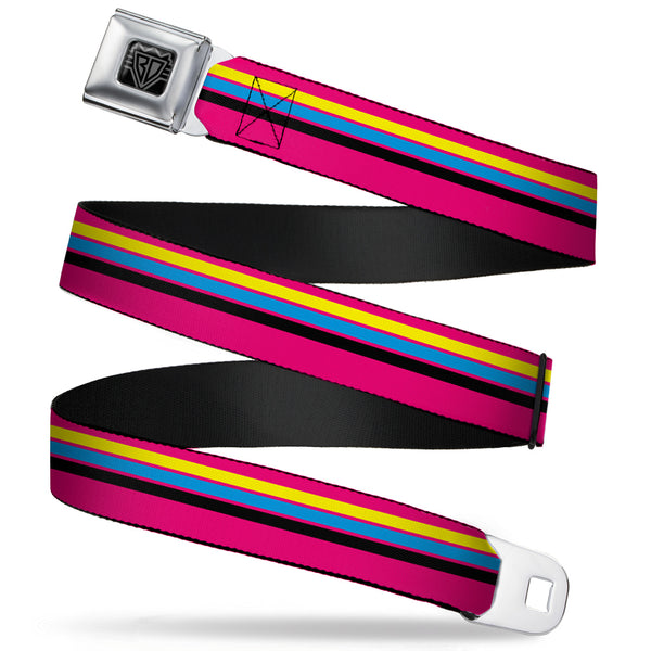 Buckle-Down BD Wings Logo CLOSE-UP Full Color Black Silver Seatbelt Belt - Racing Stripes Pink/Yellow/Blue/Black Webbing