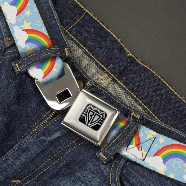 Buckle-Down BD Wings Logo CLOSE-UP Full Color Black Silver Seatbelt Belt - Rainbows & Stars Light Blue/Yellow/Rainbow Webbing