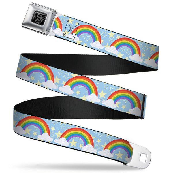 Buckle-Down BD Wings Logo CLOSE-UP Full Color Black Silver Seatbelt Belt - Rainbows & Stars Light Blue/Yellow/Rainbow Webbing