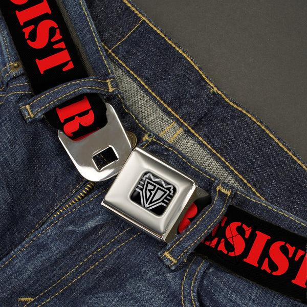 Buckle-Down BD Wings Logo CLOSE-UP Full Color Black Silver Seatbelt Belt - RESIST Stencil Black/Red Webbing