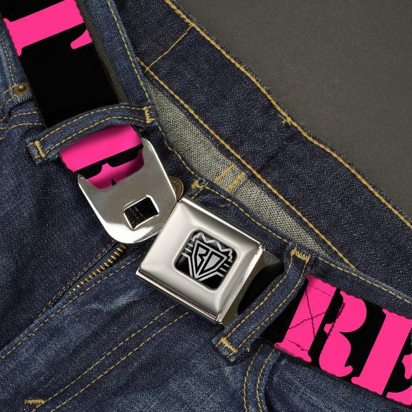 Buckle-Down BD Wings Logo CLOSE-UP Full Color Black Silver Seatbelt Belt - RESIST Stencil Black/Pink Webbing