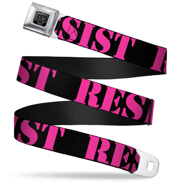 Buckle-Down BD Wings Logo CLOSE-UP Full Color Black Silver Seatbelt Belt - RESIST Stencil Black/Pink Webbing