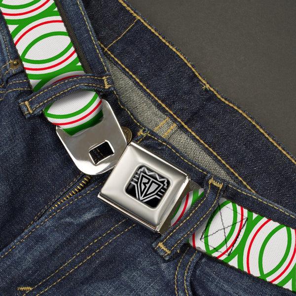 Buckle-Down BD Wings Logo CLOSE-UP Full Color Black Silver Seatbelt Belt - Rings White/Green/Red Webbing