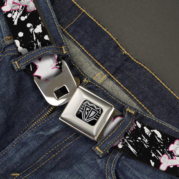 Buckle-Down BD Wings Logo CLOSE-UP Full Color Black Silver Seatbelt Belt - Punk Heart & Cross Bones W/Splatter Black/White Webbing