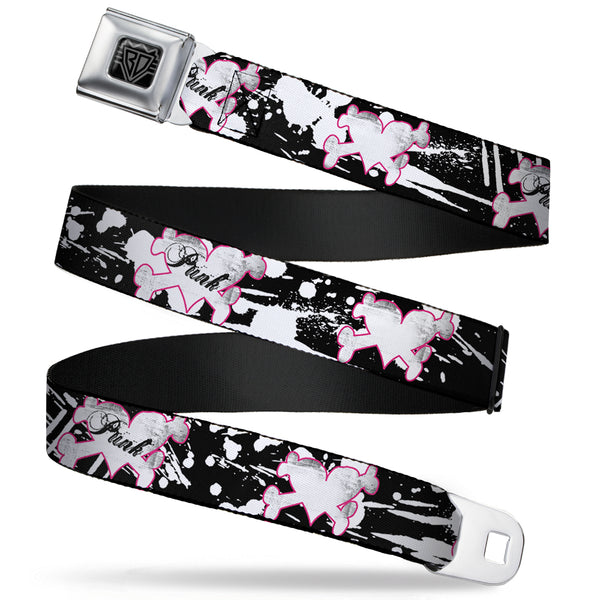 Buckle-Down BD Wings Logo CLOSE-UP Full Color Black Silver Seatbelt Belt - Punk Heart & Cross Bones w/Splatter Black/White Webbing