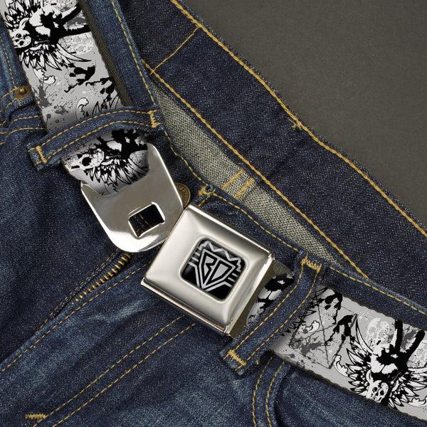 Buckle-Down BD Wings Logo CLOSE-UP Full Color Black Silver Seatbelt Belt - Peace W/Wings Gray Webbing