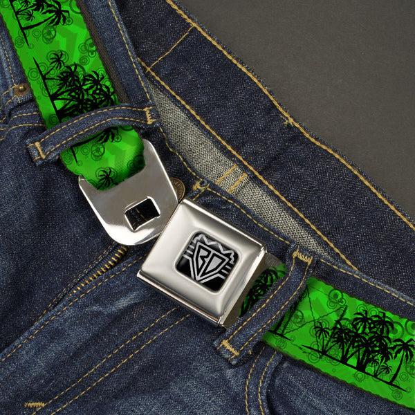 Buckle-Down BD Wings Logo CLOSE-UP Full Color Black Silver Seatbelt Belt - Palm Trees/Rings Greens/Blacks Webbing