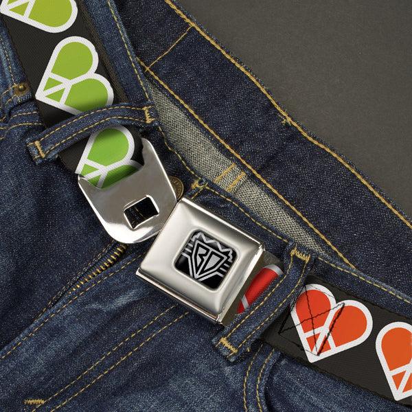 Buckle-Down BD Wings Logo CLOSE-UP Full Color Black Silver Seatbelt Belt - Peace Hearts Repeat Fill Black/Rainbow Webbing
