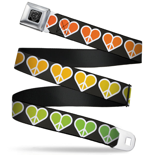 Buckle-Down BD Wings Logo CLOSE-UP Full Color Black Silver Seatbelt Belt - Peace Hearts Repeat Fill Black/Rainbow Webbing