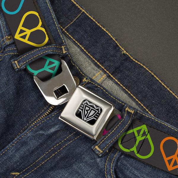 Buckle-Down BD Wings Logo CLOSE-UP Full Color Black Silver Seatbelt Belt - Peace Hearts Repeat Black/Neon Webbing
