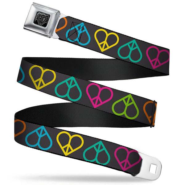 Buckle-Down BD Wings Logo CLOSE-UP Full Color Black Silver Seatbelt Belt - Peace Hearts Repeat Black/Neon Webbing