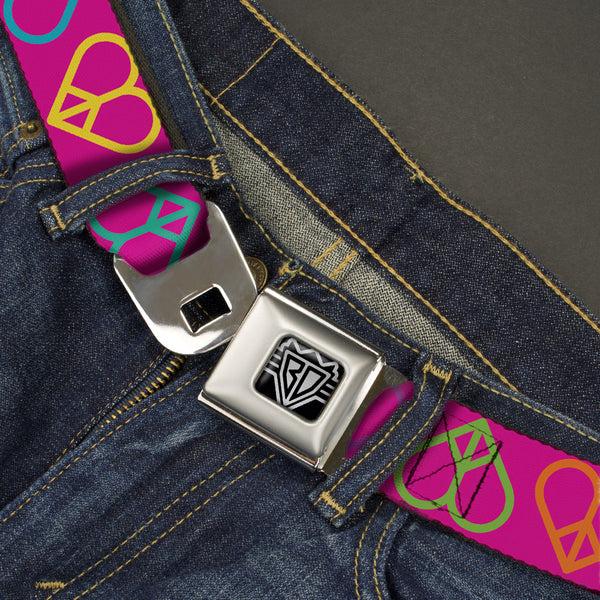 Buckle-Down BD Wings Logo CLOSE-UP Full Color Black Silver Seatbelt Belt - Peace Hearts Repeat Fuchsia/Neon Webbing