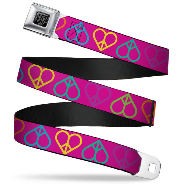 Buckle-Down BD Wings Logo CLOSE-UP Full Color Black Silver Seatbelt Belt - Peace Hearts Repeat Fuchsia/Neon Webbing