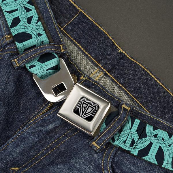 Buckle-Down BD Wings Logo CLOSE-UP Full Color Black Silver Seatbelt Belt - Peace Sketch Black/Baby Blue Webbing