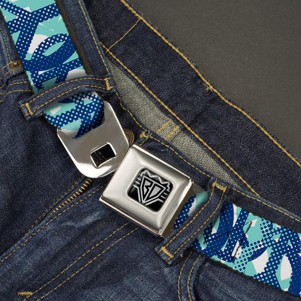 Buckle-Down BD Wings Logo CLOSE-UP Full Color Black Silver Seatbelt Belt - Peace Dots White/Blue Webbing