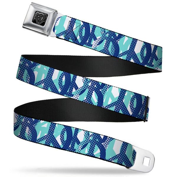 Buckle-Down BD Wings Logo CLOSE-UP Full Color Black Silver Seatbelt Belt - Peace Dots White/Blue Webbing