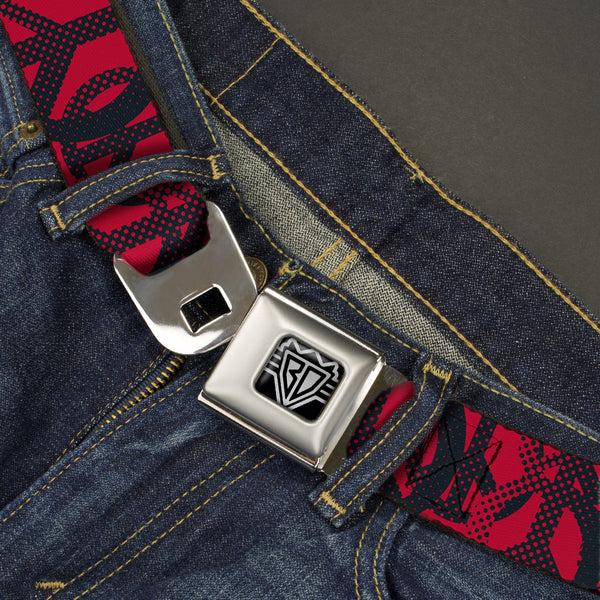 Buckle-Down BD Wings Logo CLOSE-UP Full Color Black Silver Seatbelt Belt - Peace Dots Black/Fuchsia Webbing