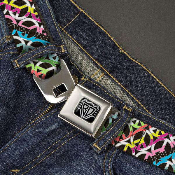 Buckle-Down BD Wings Logo CLOSE-UP Full Color Black Silver Seatbelt Belt - Peace Black/Multi Stripes Webbing