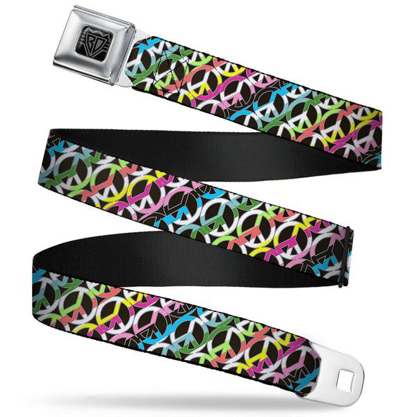Buckle-Down BD Wings Logo CLOSE-UP Full Color Black Silver Seatbelt Belt - Peace Black/Multi Stripes Webbing