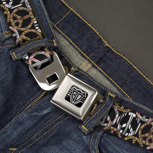 Buckle-Down BD Wings Logo CLOSE-UP Full Color Black Silver Seatbelt Belt - Peace Black/Animal Prints Webbing