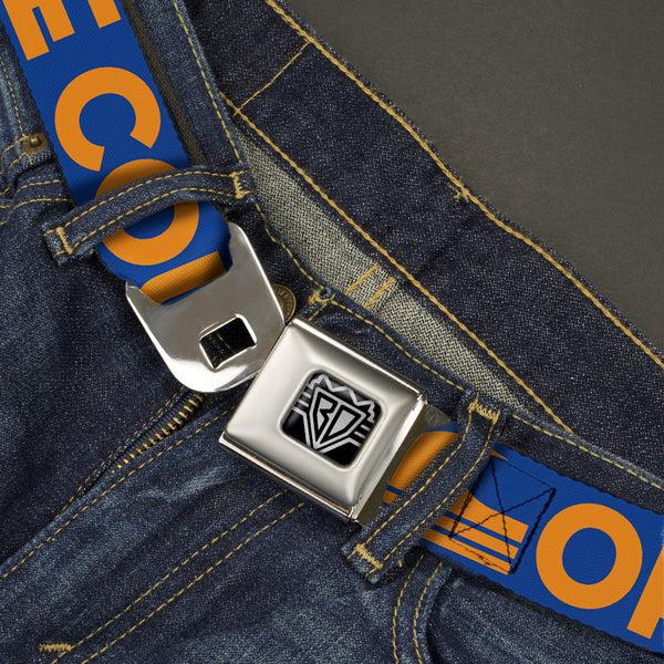 Buckle-Down BD Wings Logo CLOSE-UP Full Color Black Silver Seatbelt Belt - ORANGE COUNTY/Wave Icon Blue/Orange Webbing