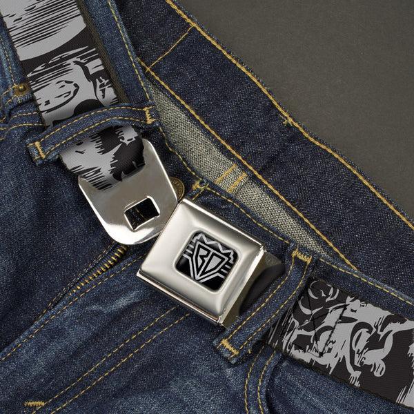 Buckle-Down BD Wings Logo CLOSE-UP Full Color Black Silver Seatbelt Belt - Old World Coinage CLOSE-UP Black/Gray Webbing