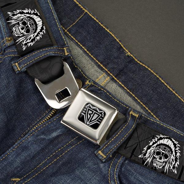 Buckle-Down BD Wings Logo CLOSE-UP Full Color Black Silver Seatbelt Belt - Navajo3 Blue/Gray Webbing