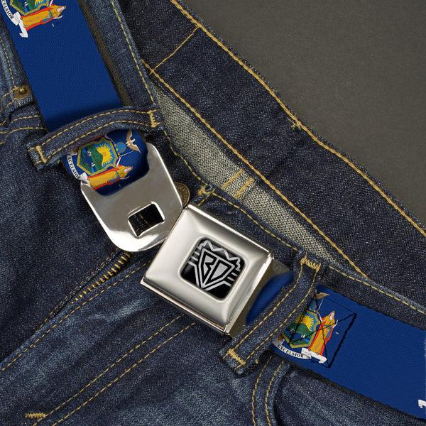 Buckle-Down BD Wings Logo CLOSE-UP Full Color Black Silver Seatbelt Belt - New York Flag Continuous Webbing
