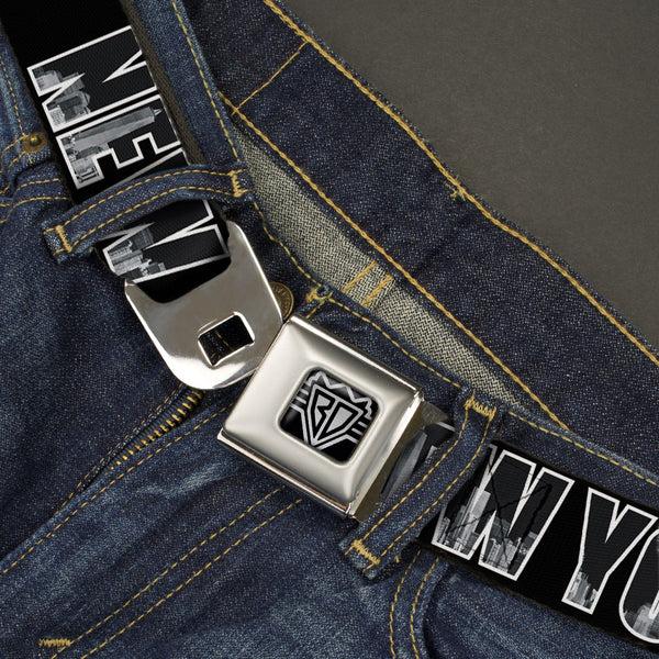 Buckle-Down BD Wings Logo CLOSE-UP Full Color Black Silver Seatbelt Belt - NEW YORK Bold/Vivid Skyline Black/White/Gray Webbing