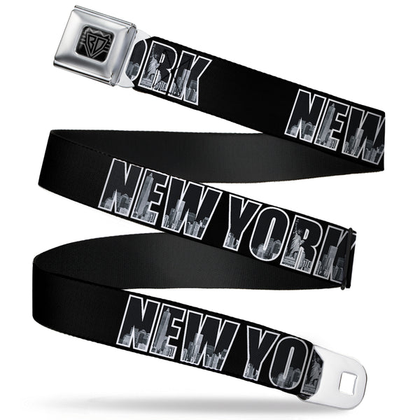 Buckle-Down BD Wings Logo CLOSE-UP Full Color Black Silver Seatbelt Belt - NEW YORK Bold/Vivid Skyline Black/White/Gray Webbing