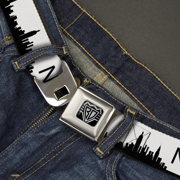 Buckle-Down BD Wings Logo CLOSE-UP Full Color Black Silver Seatbelt Belt - New York City Solid Skyline/NY White/Black Webbing