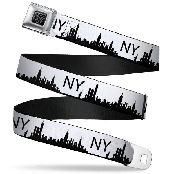 Buckle-Down BD Wings Logo CLOSE-UP Full Color Black Silver Seatbelt Belt - New York City Solid Skyline/NY White/Black Webbing
