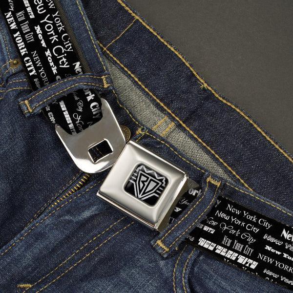 Buckle-Down BD Wings Logo CLOSE-UP Full Color Black Silver Seatbelt Belt - New York City Black/White Webbing