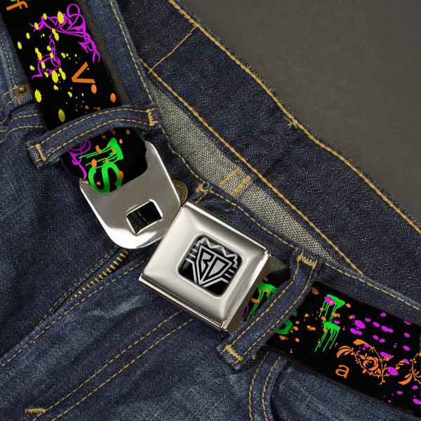 Buckle-Down BD Wings Logo CLOSE-UP Full Color Black Silver Seatbelt Belt - Nautical Star Splatter Black/Neon Webbing