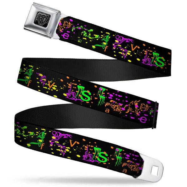 Buckle-Down BD Wings Logo CLOSE-UP Full Color Black Silver Seatbelt Belt - Nautical Star Splatter Black/Neon Webbing