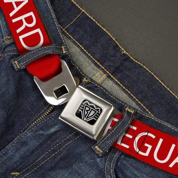 Buckle-Down BD Wings Logo CLOSE-UP Full Color Black Silver Seatbelt Belt - LIFEGUARD/Logo Red/White Webbing