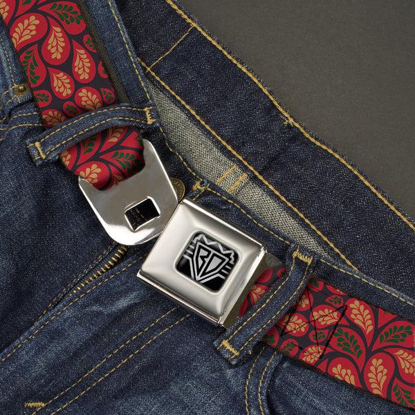 Buckle-Down BD Wings Logo CLOSE-UP Full Color Black Silver Seatbelt Belt - Leaves Swirl Navy/Burgundy Webbing