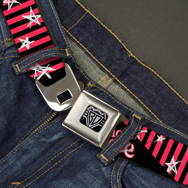Buckle-Down BD Wings Logo CLOSE-UP Full Color Black Silver Seatbelt Belt - Love Me W/Sketch Stars & Stripes Black/Fuchsia/White Webbing